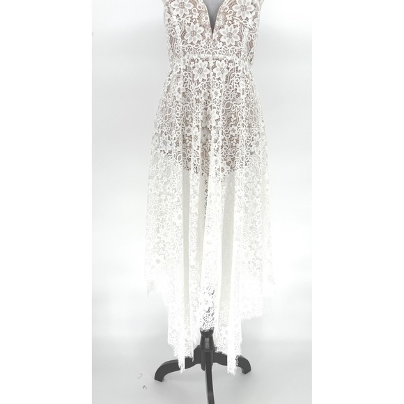 For Love and Lemons White Lace Midi Dress Deep V Neck Size M Sheer Fairy Bride - Picture 3 of 16